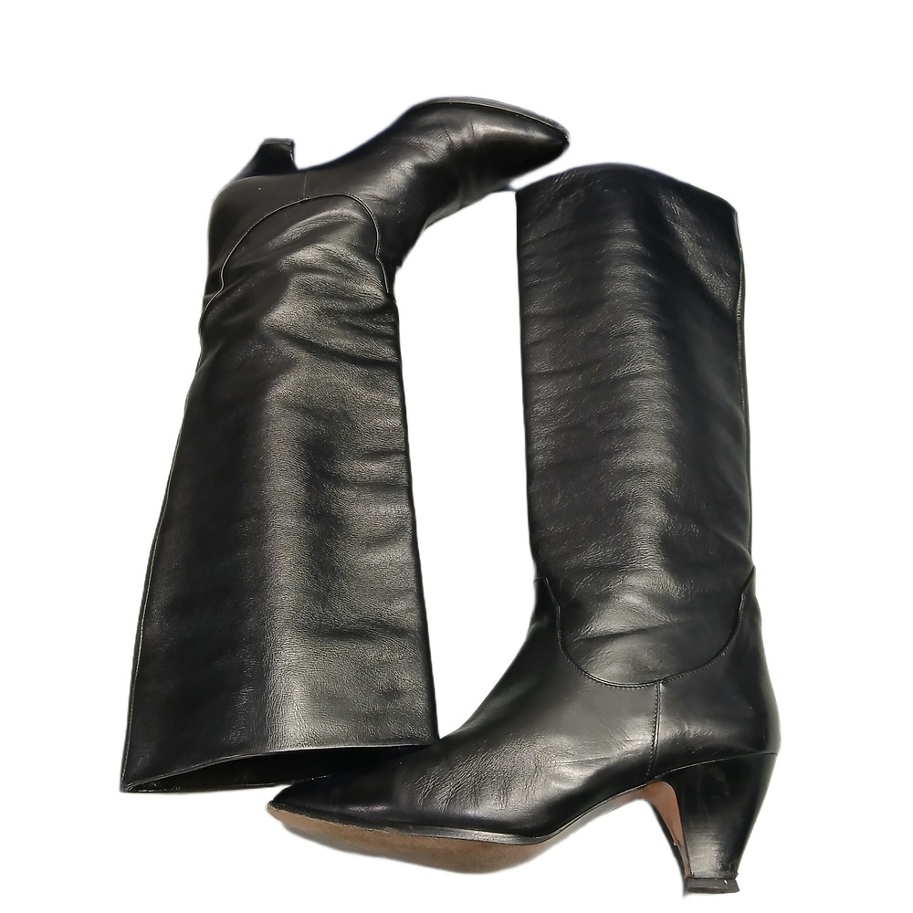 Vintage Hana Mackler Knee-High Boots Womens Size 9B Black Pointed Toe Italy Made